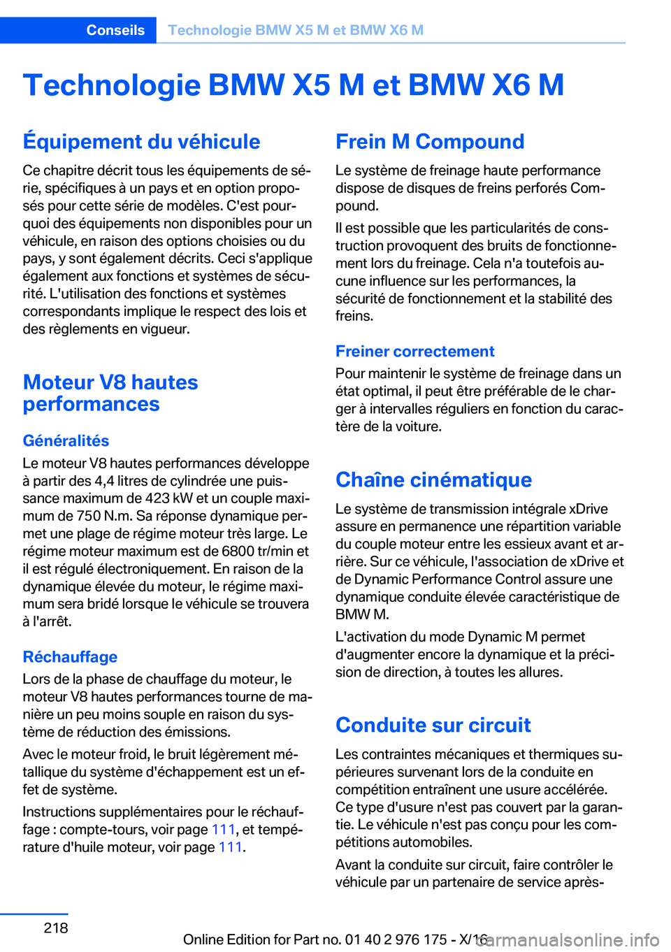 BMW X5 M 2017  Notices Demploi (in French) �T�e�c�h�n�o�l�o�g�i�e��B�M�W��X�5��M��e�t��B�M�W��X�6��M�