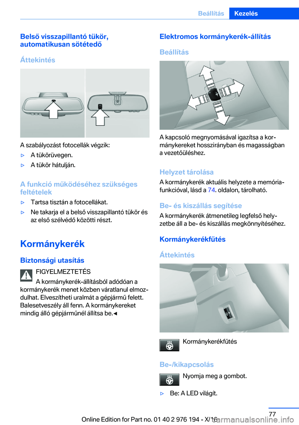 BMW X5 M 2017  Kezelési útmutató (in Hungarian) �B�e�l�s�