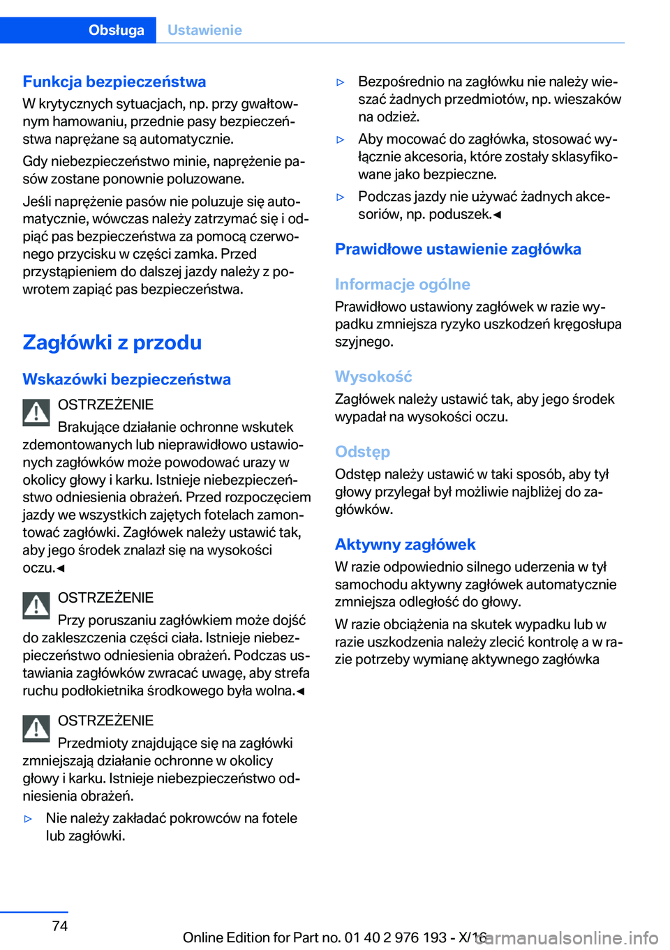 BMW X5 M 2017  Instrukcja obsługi (in Polish) �F�u�n�k�c�j�a��b�e�z�p�i�e�c�z�e�