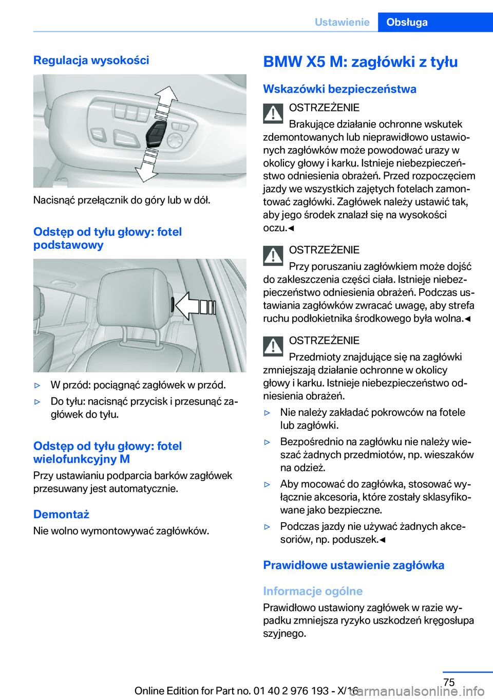 BMW X5 M 2017  Instrukcja obsługi (in Polish) �R�e�g�u�l�a�c�j�a��w�y�s�o�k�o�c�i
�N�a�c�i�s�n�