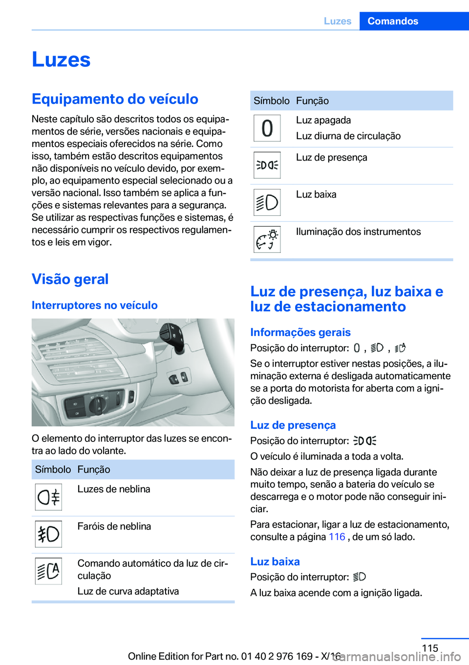 BMW X5 M 2017  Manual do condutor (in Portuguese) �L�u�z�e�s�E�q�u�i�p�a�m�e�n�t�o��d�o��v�e�