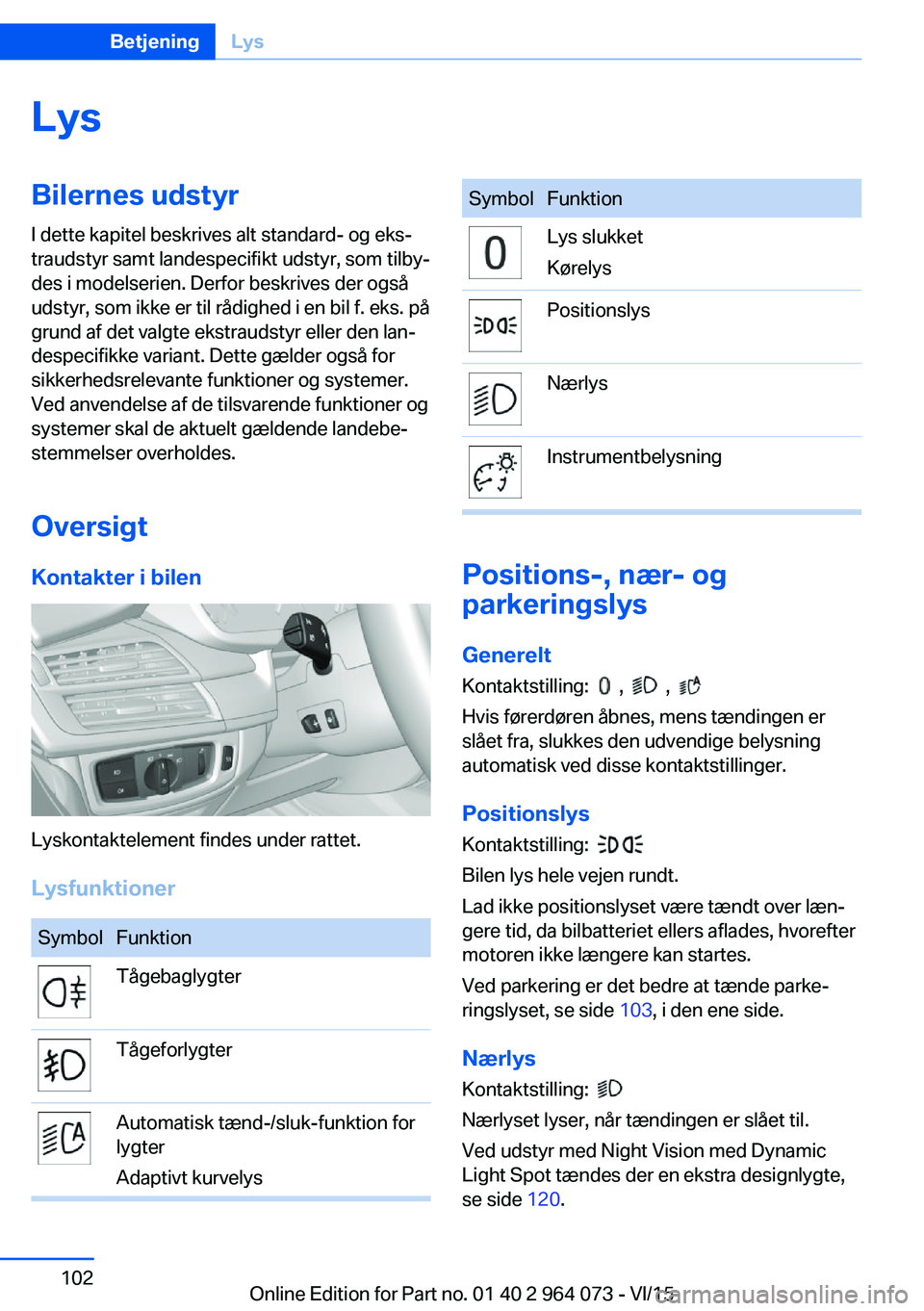 BMW X5 M 2016  InstruktionsbØger (in Danish) LysBilernes udstyrI dette kapitel beskrives alt standard- og eks‐
traudstyr samt landespecifikt udstyr, som tilby‐
des i modelserien. Derfor beskrives der også
udstyr, som ikke er til rådighed i