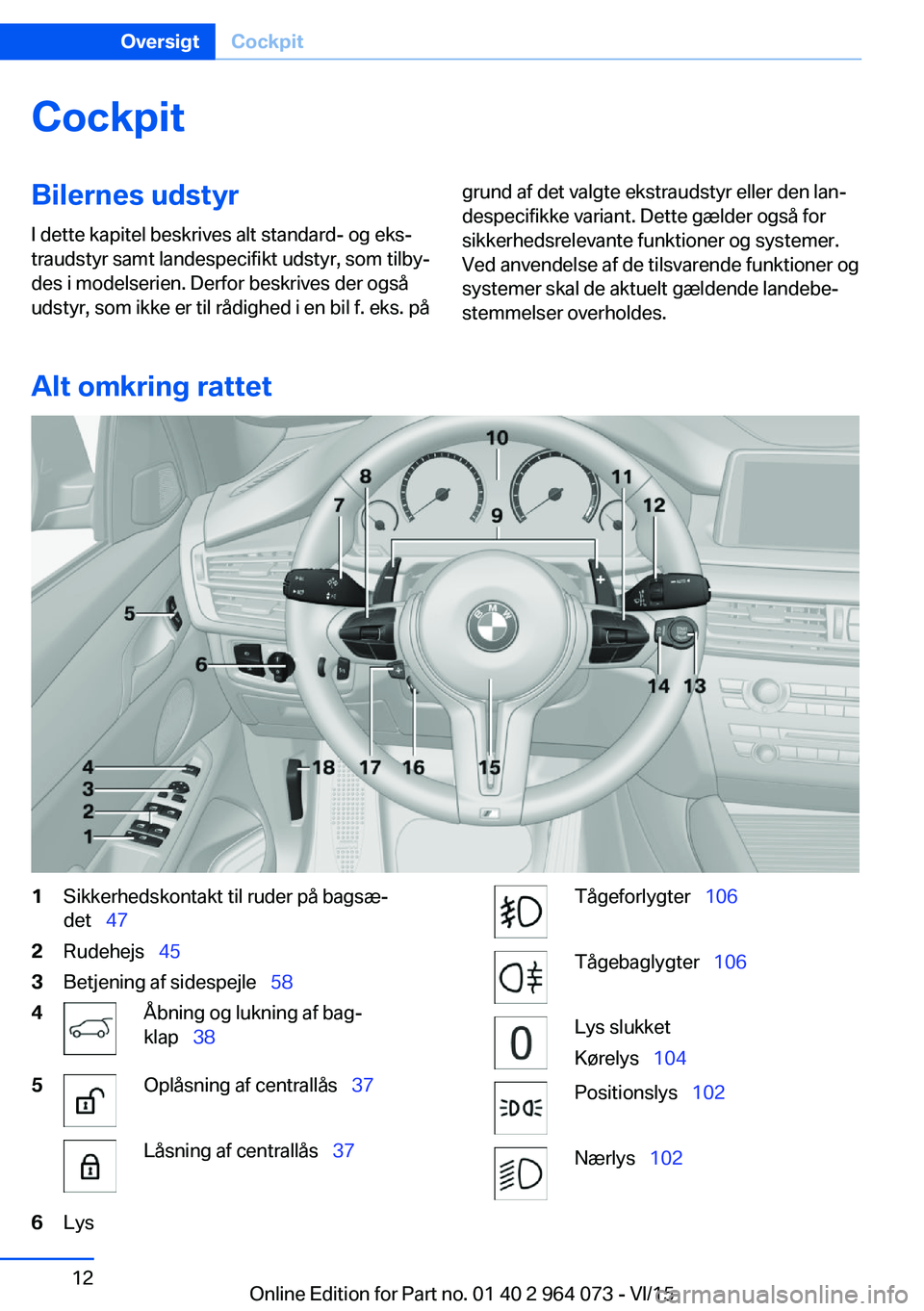 BMW X5 M 2016  InstruktionsbØger (in Danish) CockpitBilernes udstyr
I dette kapitel beskrives alt standard- og eks‐
traudstyr samt landespecifikt udstyr, som tilby‐
des i modelserien. Derfor beskrives der også
udstyr, som ikke er til rådig