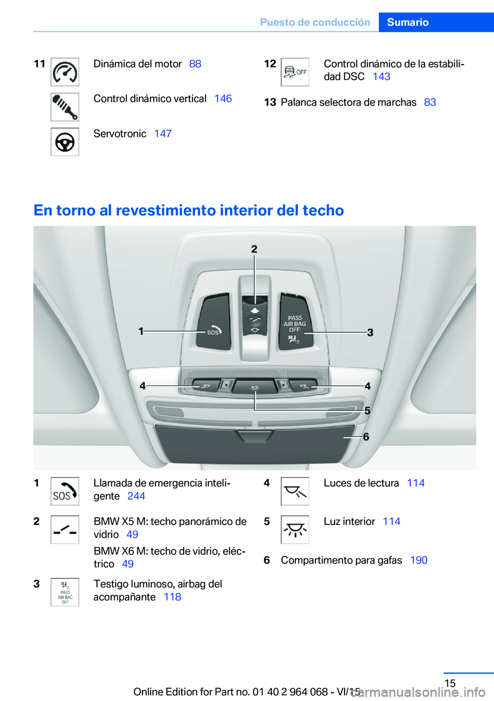 BMW X5 M 2016 Manuales de Empleo (in Spanish) 11Dinámica del motor 88Control dinámico vertical 146Servotronic 14712Control dinámico de la estabili‐
dad DSC 14313Palanca selectora de marchas 83
En torno al revestim BMW X5 M 2016 Manuales de Empleo (in Spanish) 11Dinámica del motor 88Control dinámico vertical 146Servotronic 14712Control dinámico de la estabili‐
dad DSC 14313Palanca selectora de marchas 83
En torno al revestim