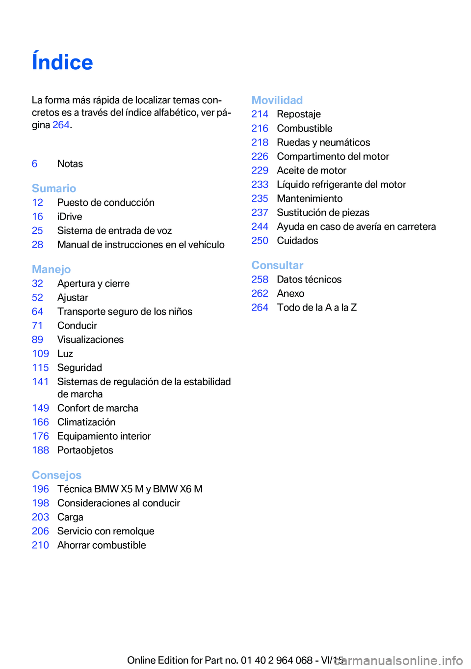 BMW X5 M 2016  Manuales de Empleo (in Spanish) ÍndiceLa forma más rápida de localizar temas con‐
cretos es a través del índice alfabético, ver pá‐
gina  264.6Notas
Sumario
12Puesto de conducción16iDrive25Sistema de entrada de voz28Manu