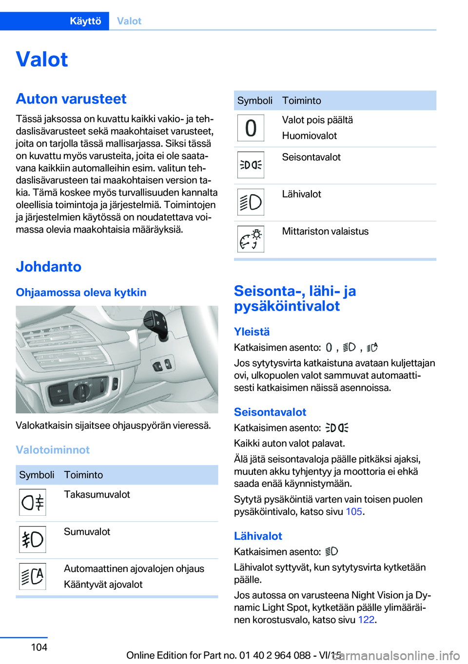 BMW X5 M 2016  Omistajan Käsikirja (in Finnish) ValotAuton varusteet
Tässä jaksossa on kuvattu kaikki vakio- ja teh‐
daslisävarusteet sekä maakohtaiset varusteet,
joita on tarjolla tässä mallisarjassa. Siksi tässä
on kuvattu myös varuste