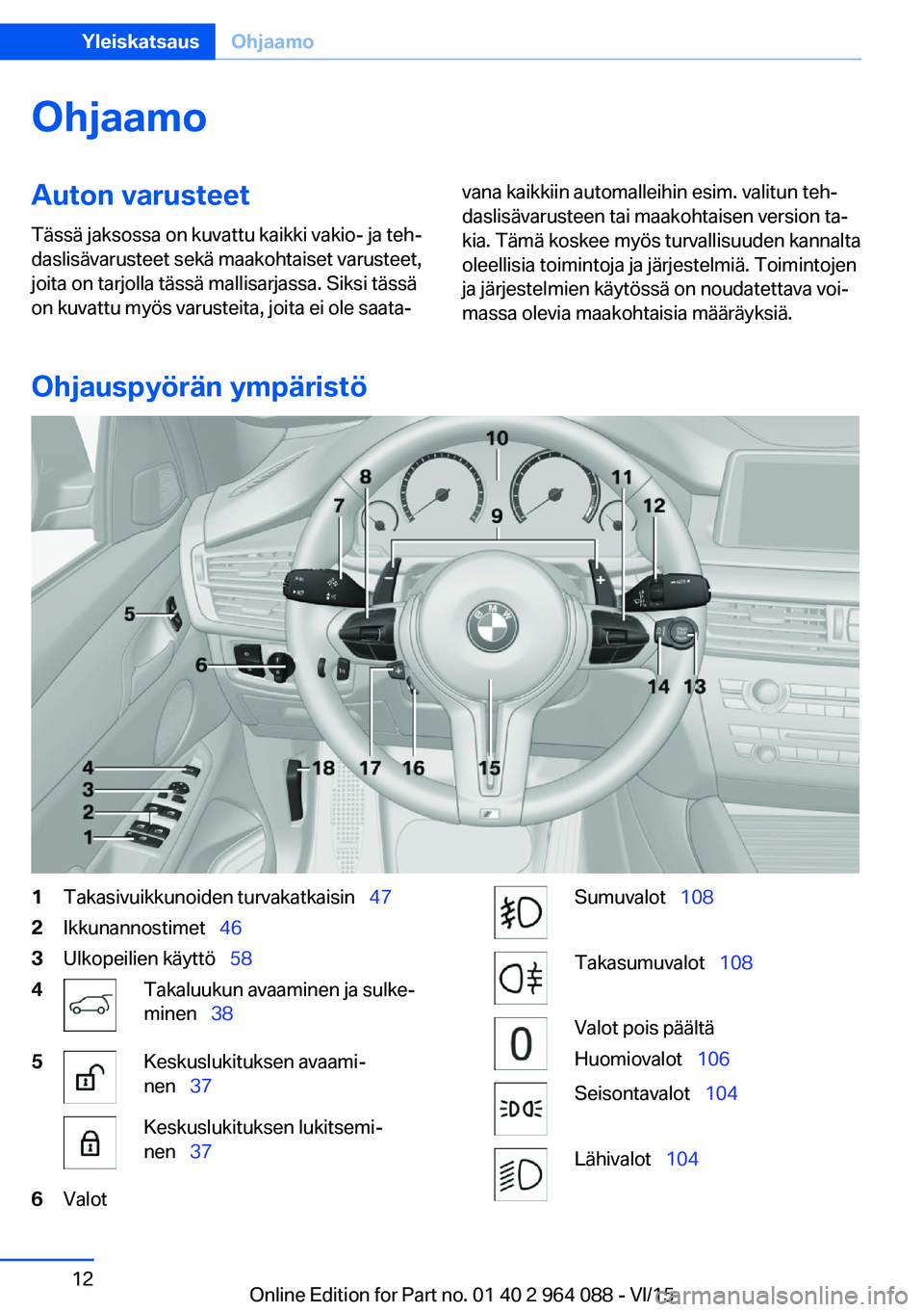 BMW X5 M 2016  Omistajan Käsikirja (in Finnish) OhjaamoAuton varusteetTässä jaksossa on kuvattu kaikki vakio- ja teh‐
daslisävarusteet sekä maakohtaiset varusteet,
joita on tarjolla tässä mallisarjassa. Siksi tässä
on kuvattu myös varust