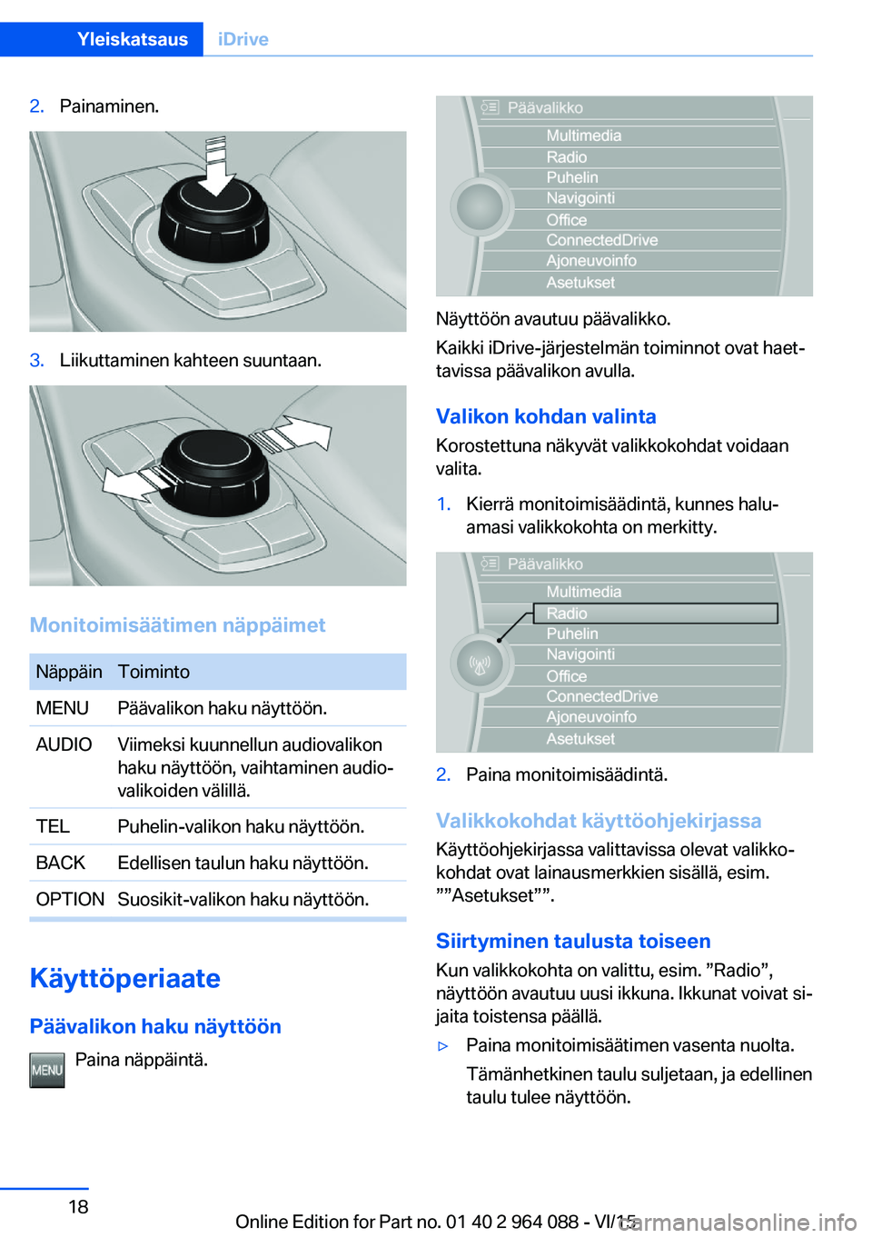 BMW X5 M 2016  Omistajan Käsikirja (in Finnish) 2.Painaminen.3.Liikuttaminen kahteen suuntaan.
Monitoimisäätimen näppäimet
NäppäinToimintoMENUPäävalikon haku näyttöön.AUDIOViimeksi kuunnellun audiovalikon
haku näyttöön, vaihtaminen au