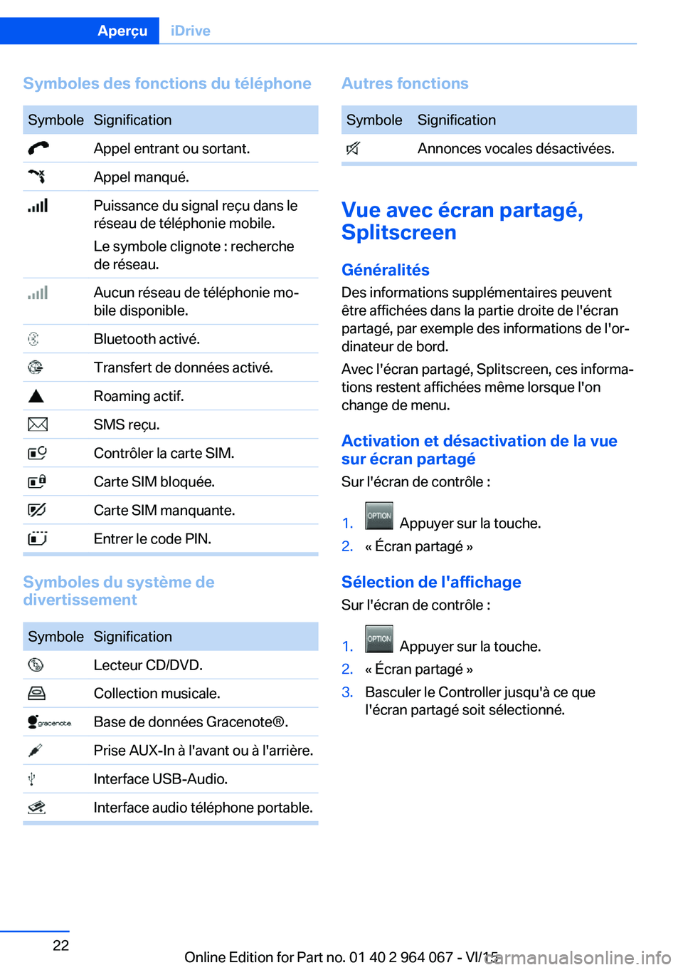 BMW X5 M 2016  Notices Demploi (in French) Symboles des fonctions du téléphoneSymboleSignification Appel entrant ou sortant. Appel manqué. Puissance du signal reçu dans le
réseau de téléphonie mobile.
Le symbole clignote : recherche
de 