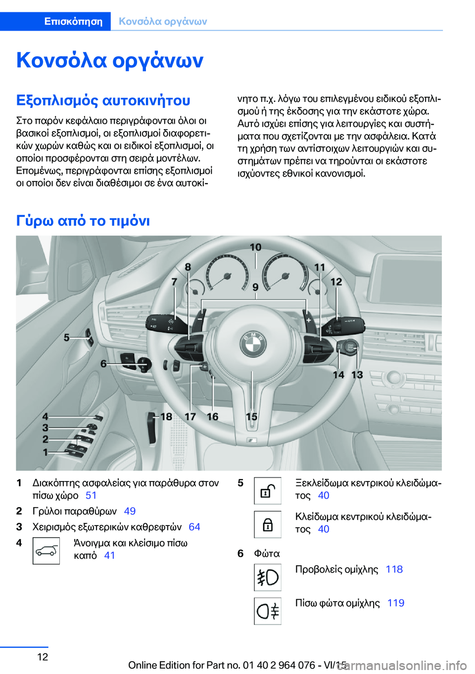 BMW X5 M 2016  ΟΔΗΓΌΣ ΧΡΉΣΗΣ (in Greek) Κονσόλα οργάνωνΕξοπλισμός αυτοκινήτου
Στο παρόν κεφάλαιο περιγράφονται όλοι οι
βασικοί εξοπλισμοί, οι εξοπ