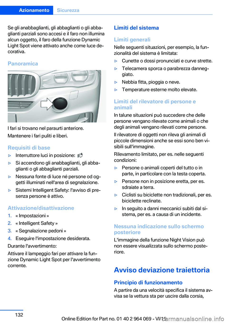 BMW X5 M 2016  Libretti Di Uso E manutenzione (in Italian) Se gli anabbaglianti, gli abbaglianti o gli abba‐
glianti parziali sono accesi e il faro non illumina
alcun oggetto, il faro della funzione Dynamic
Light Spot viene attivato anche come luce de‐
co