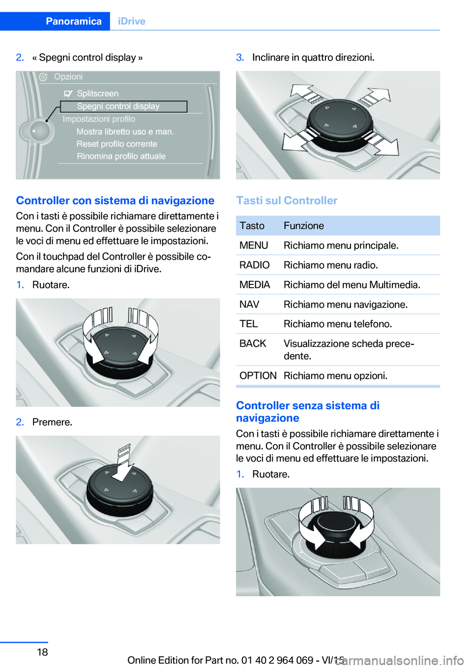 BMW X5 M 2016  Libretti Di Uso E manutenzione (in Italian) 2.« Spegni control display »
Controller con sistema di navigazione
Con i tasti è possibile richiamare direttamente i
menu. Con il Controller è possibile selezionare
le voci di menu ed effettuare l