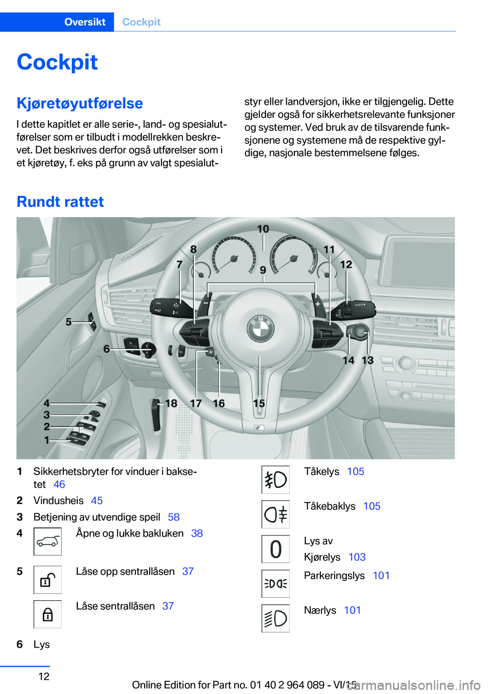 BMW X5 M 2016  InstruksjonsbØker (in Norwegian) CockpitKjøretøyutførelse
I dette kapitlet er alle serie-, land- og spesialut‐
førelser som er tilbudt i modellrekken beskre‐
vet. Det beskrives derfor også utførelser som i
et kjøretøy, f.