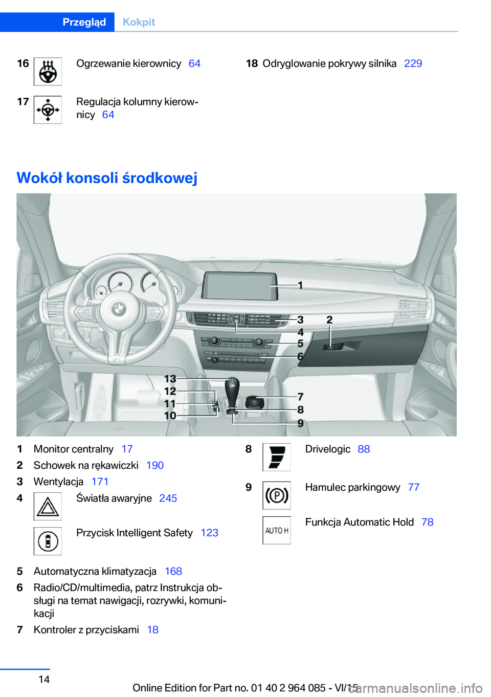 BMW X5 M 2016  Instrukcja obsługi (in Polish) 16Ogrzewanie kierownicy  6417Regulacja kolumny kierow‐
nicy   6418Odryglowanie pokrywy silnika   229
Wokół konsoli środkowej
1Monitor centralny  172Schowek na rękawiczki   19