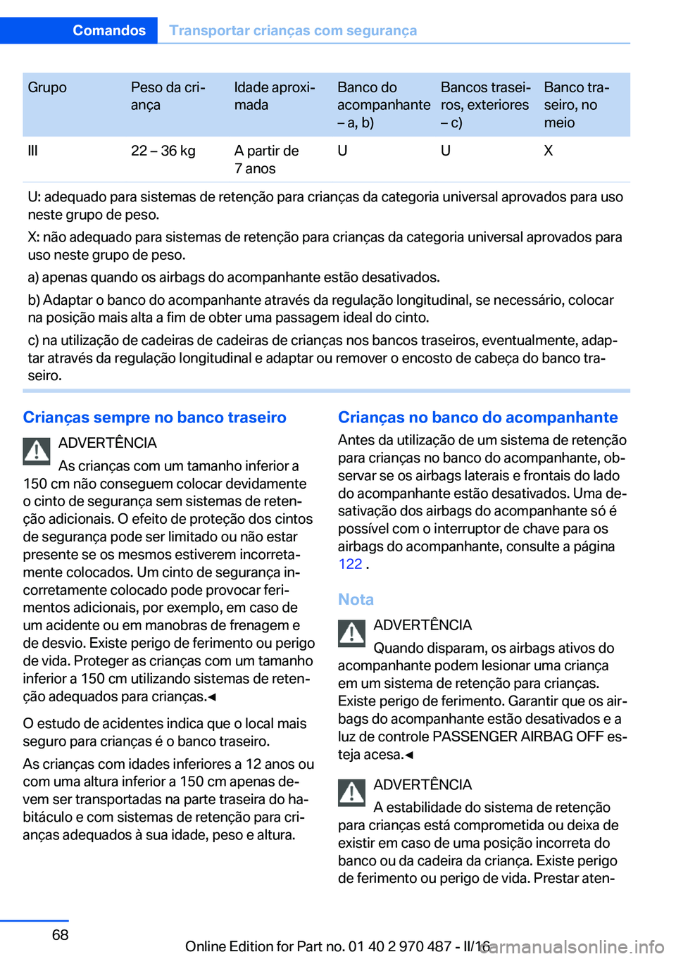 BMW X5 M 2016 Manual do condutor (in Portuguese) GrupoPeso da cri‐
ançaIdade aproxi‐
madaBanco do
acompanhante
– a, b)Bancos trasei‐
ros, exteriores
– c)Banco tra‐
seiro, no
meioIII22 – 36 kgA partir de
7 anosUUXU: adequado para siste BMW X5 M 2016 Manual do condutor (in Portuguese) GrupoPeso da cri‐
ançaIdade aproxi‐
madaBanco do
acompanhante
– a, b)Bancos trasei‐
ros, exteriores
– c)Banco tra‐
seiro, no
meioIII22 – 36 kgA partir de
7 anosUUXU: adequado para siste