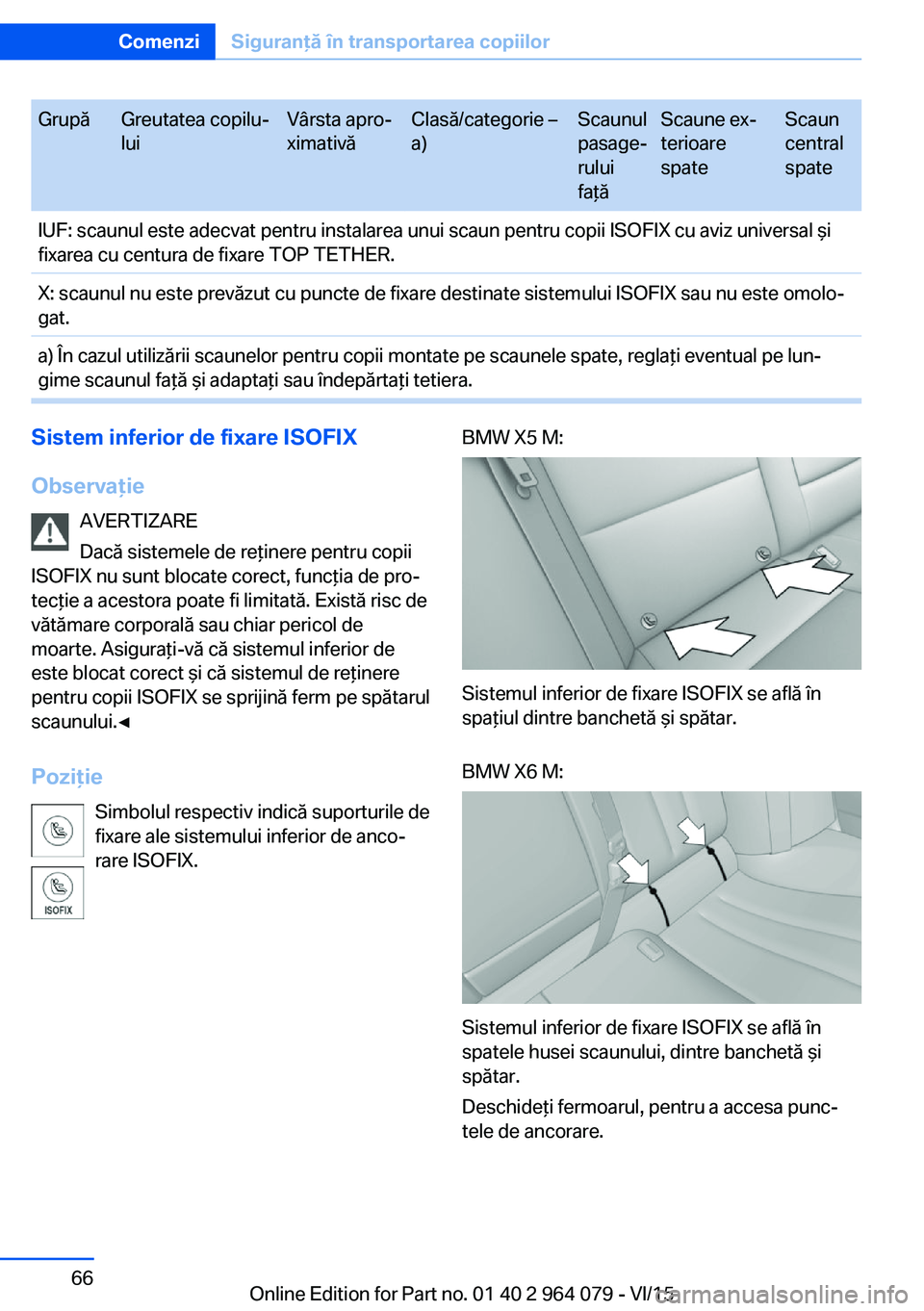 BMW X5 M 2016  Ghiduri De Utilizare (in Romanian) GrupăGreutatea copilu‐
luiVârsta apro‐
ximativăClasă/categorie –
a)Scaunul
pasage‐
rului
faţăScaune ex‐
terioare
spateScaun
central
spateIUF: scaunul este adecvat pentru instalarea unu