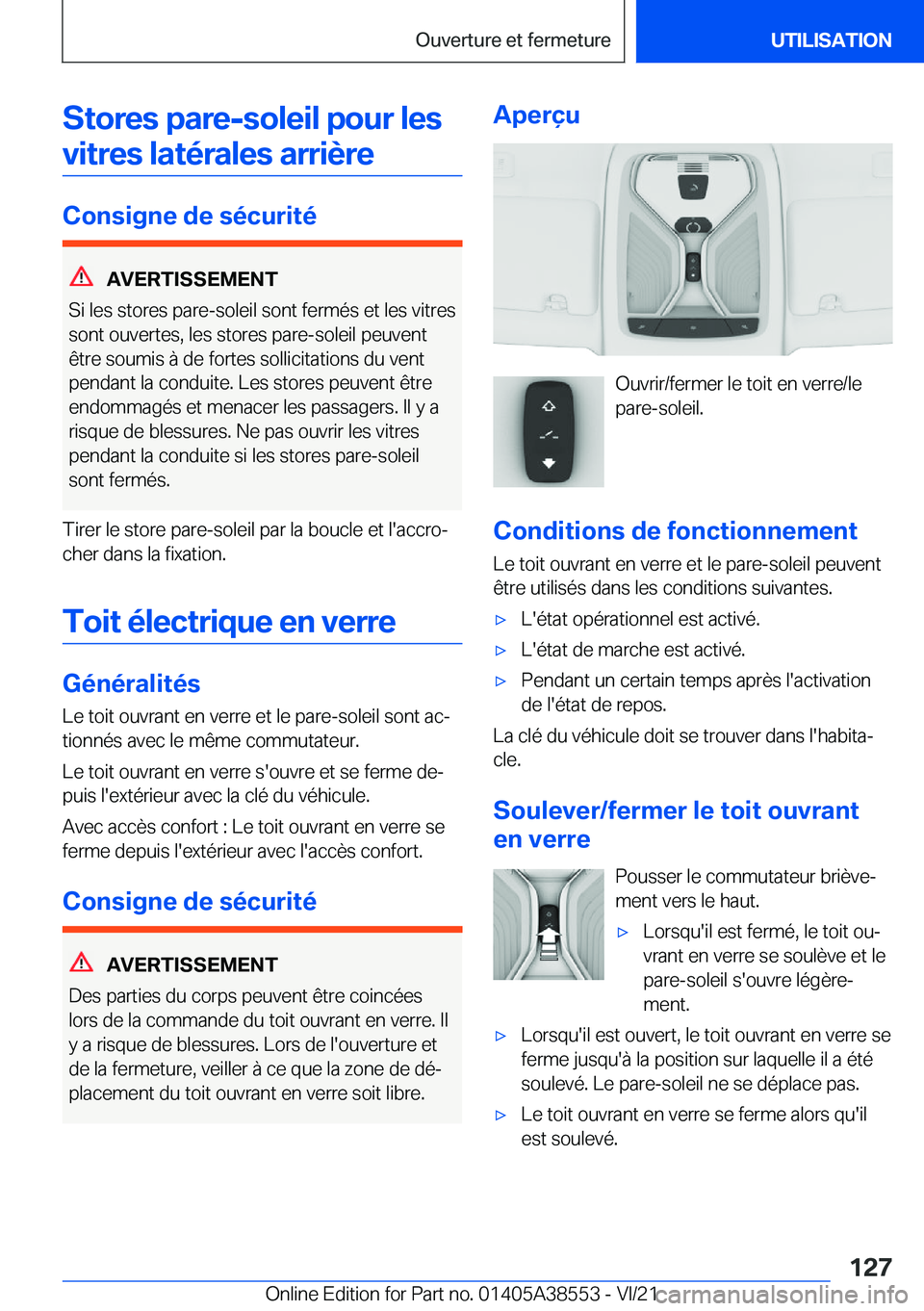 BMW X6 2022  Notices Demploi (in French) �S�t�o�r�e�s��p�a�r�e�-�s�o�l�e�i�l��p�o�u�r��l�e�s�v�i�t�r�e�s��l�a�t�é�r�a�l�e�s��a�r�r�i�è�r�e
�C�o�n�s�i�g�n�e��d�e��s�é�c�u�r�i�t�é
�A�V�E�R�T�I�S�S�E�M�E�N�T
�S�i��l�e�s��s�t�o�r�e�