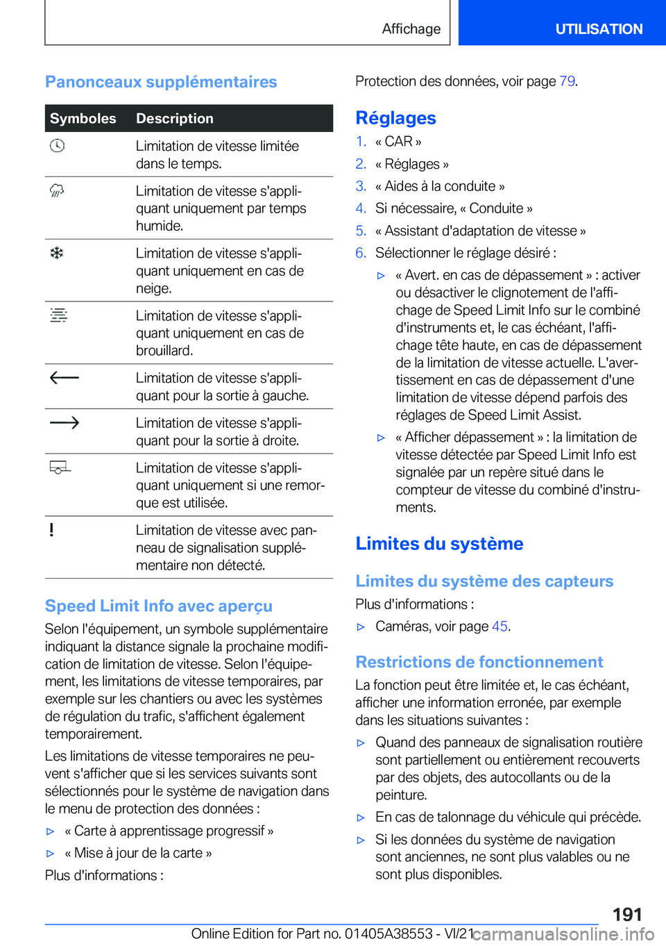 BMW X6 2022  Notices Demploi (in French) �P�a�n�o�n�c�e�a�u�x��s�u�p�p�l�é�m�e�n�t�a�i�r�e�s�S�y�m�b�o�l�e�s�D�e�s�c�r�i�p�t�i�o�n��L�i�m�i�t�a�t�i�o�n��d�e��v�i�t�e�s�s�e��l�i�m�i�t�é�e
�d�a�n�s��l�e��t�e�m�p�s�.��L�i�m�i�t�a�t�i�