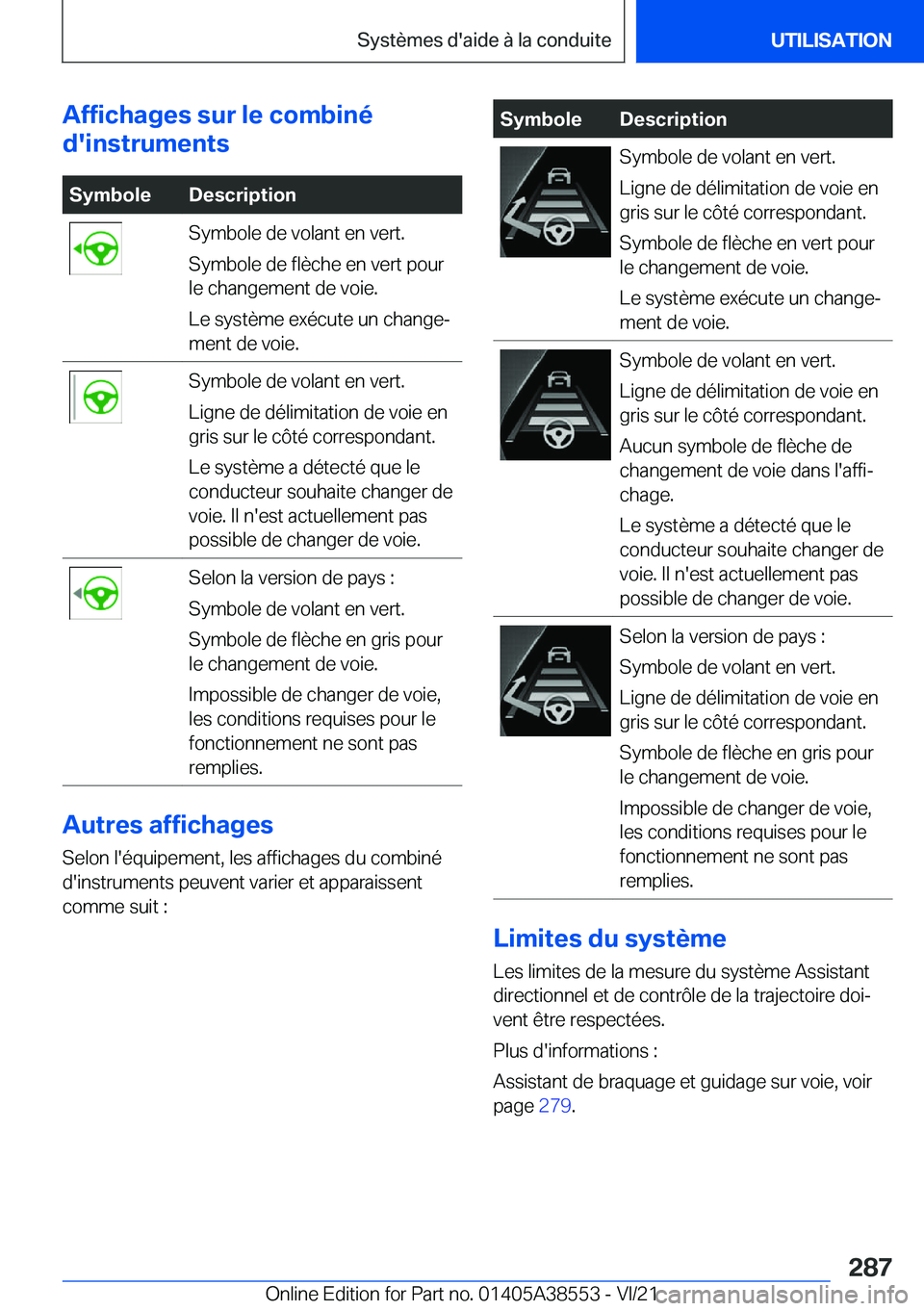 BMW X6 2022  Notices Demploi (in French) �A�f�f�i�c�h�a�g�e�s��s�u�r��l�e��c�o�m�b�i�n�é
�d�'�i�n�s�t�r�u�m�e�n�t�s�S�y�m�b�o�l�e�D�e�s�c�r�i�p�t�i�o�n�S�y�m�b�o�l�e��d�e��v�o�l�a�n�t��e�n��v�e�r�t�.
�S�y�m�b�o�l�e��d�e��f�l�è