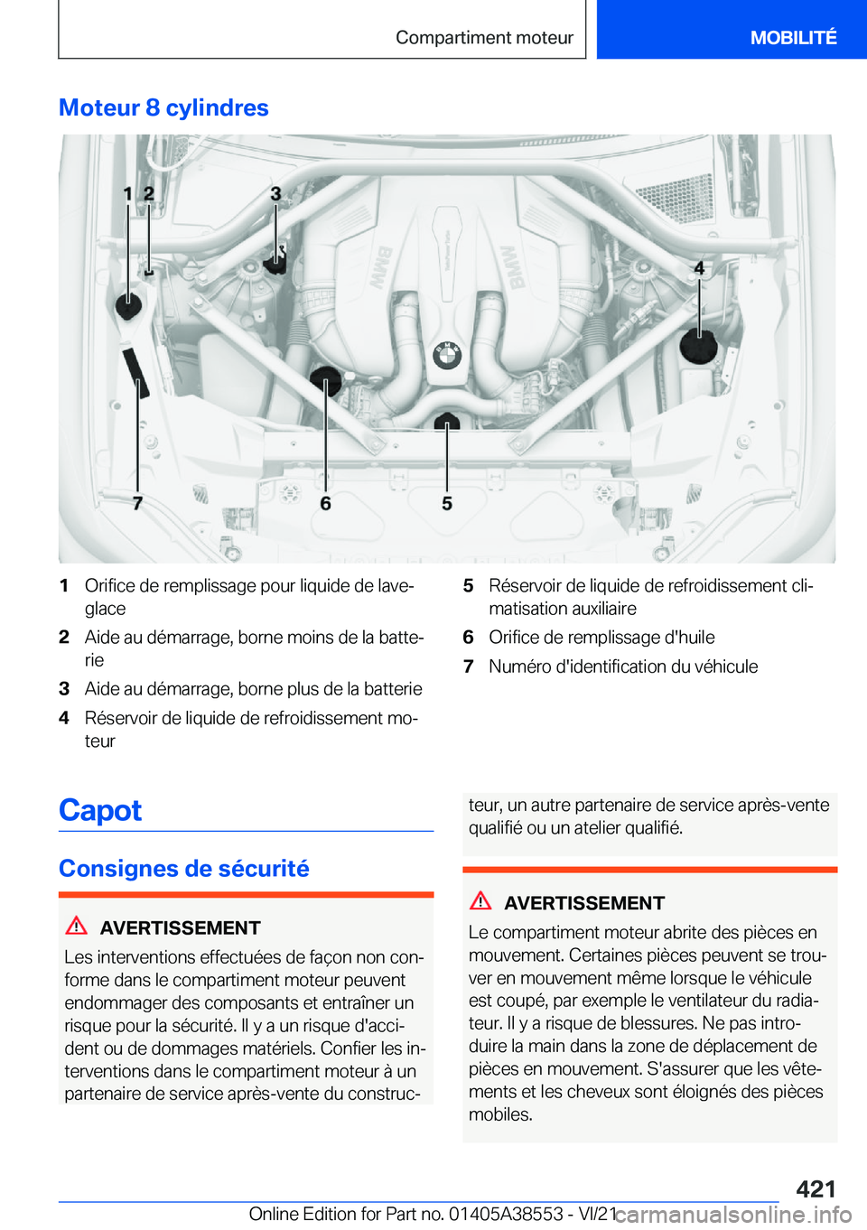 BMW X6 2022  Notices Demploi (in French) �M�o�t�e�u�r��8��c�y�l�i�n�d�r�e�s�1�O�r�i�f�i�c�e��d�e��r�e�m�p�l�i�s�s�a�g�e��p�o�u�r��l�i�q�u�i�d�e��d�e��l�a�v�e�-
�g�l�a�c�e�2�A�i�d�e��a�u��d�é�m�a�r�r�a�g�e�,��b�o�r�n�e��m�o�i�n�s