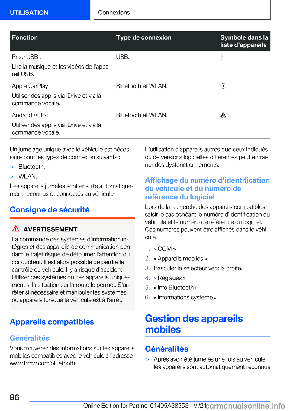 BMW X6 2022  Notices Demploi (in French) �F�o�n�c�t�i�o�n�T�y�p�e��d�e��c�o�n�n�e�x�i�o�n�S�y�m�b�o�l�e��d�a�n�s��l�a
�l�i�s�t�e��d�'�a�p�p�a�r�e�i�l�s�P�r�i�s�e��U�S�B��:
�L�i�r�e��l�a��m�u�s�i�q�u�e��e�t��l�e�s��v�i�d�é�o�