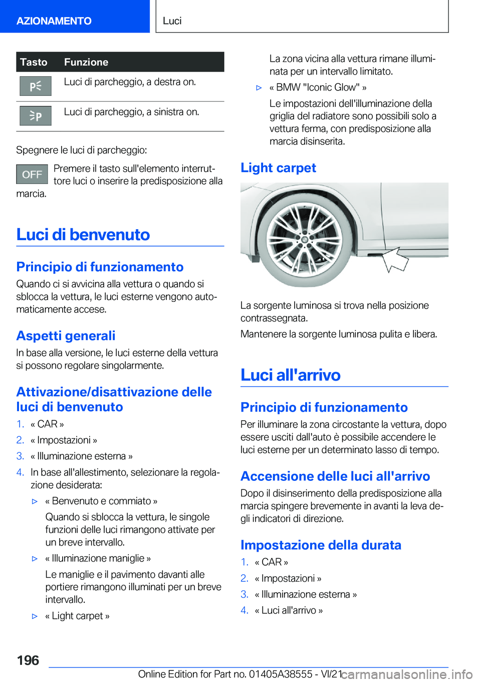 BMW X6 2022  Libretti Di Uso E manutenzione (in Italian) �T�a�s�t�o�F�u�n�z�i�o�n�e�L�u�c�i��d�i��p�a�r�c�h�e�g�g�i�o�,��a��d�e�s�t�r�a��o�n�.�L�u�c�i��d�i��p�a�r�c�h�e�g�g�i�o�,��a��s�i�n�i�s�t�r�a��o�n�.
�S�p�e�g�n�e�r�e��l�e��l�u�c�i��d�i��