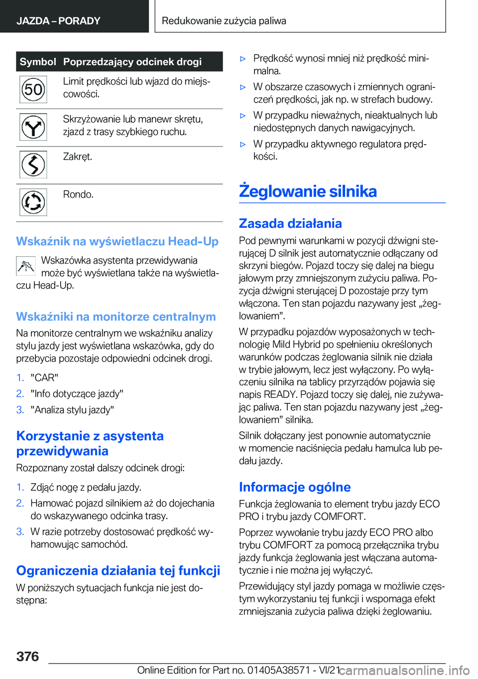 BMW X6 2022  Instrukcja obsługi (in Polish) �S�y�m�b�o�l�P�o�p�r�z�e�d�z�a�j�ą�c�y��o�d�c�i�n�e�k��d�r�o�g�i�L�i�m�i�t��p�r�