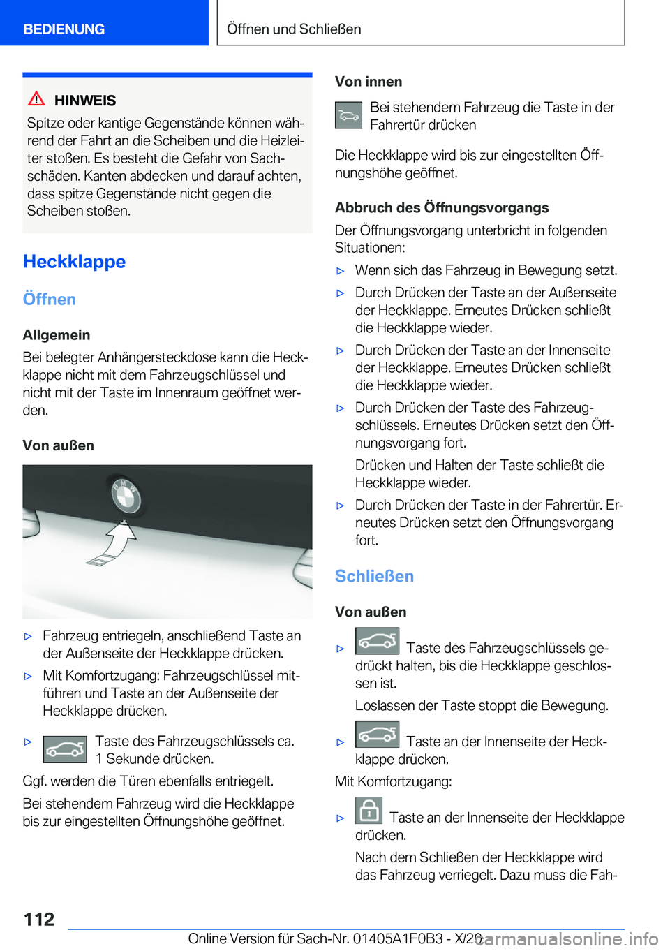 BMW X6 2021  Betriebsanleitungen (in German) �H�I�N�W�E�I�S
�S�p�i�t�z�e��o�d�e�r��k�a�n�t�i�g�e��G�e�g�e�n�s�t�