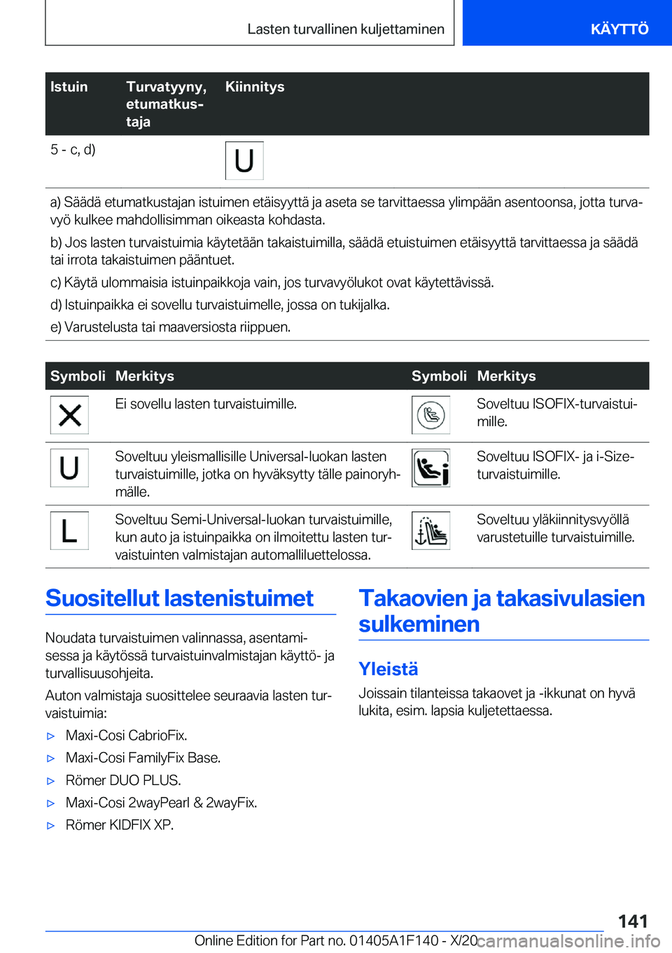BMW X6 2021  Omistajan Käsikirja (in Finnish) �I�s�t�u�i�n�T�u�r�v�a�t�y�y�n�y�,
�e�t�u�m�a�t�k�u�sj
�t�a�j�a�K�i�i�n�n�i�t�y�s�5��-��c�,��d�)�a�)��S�