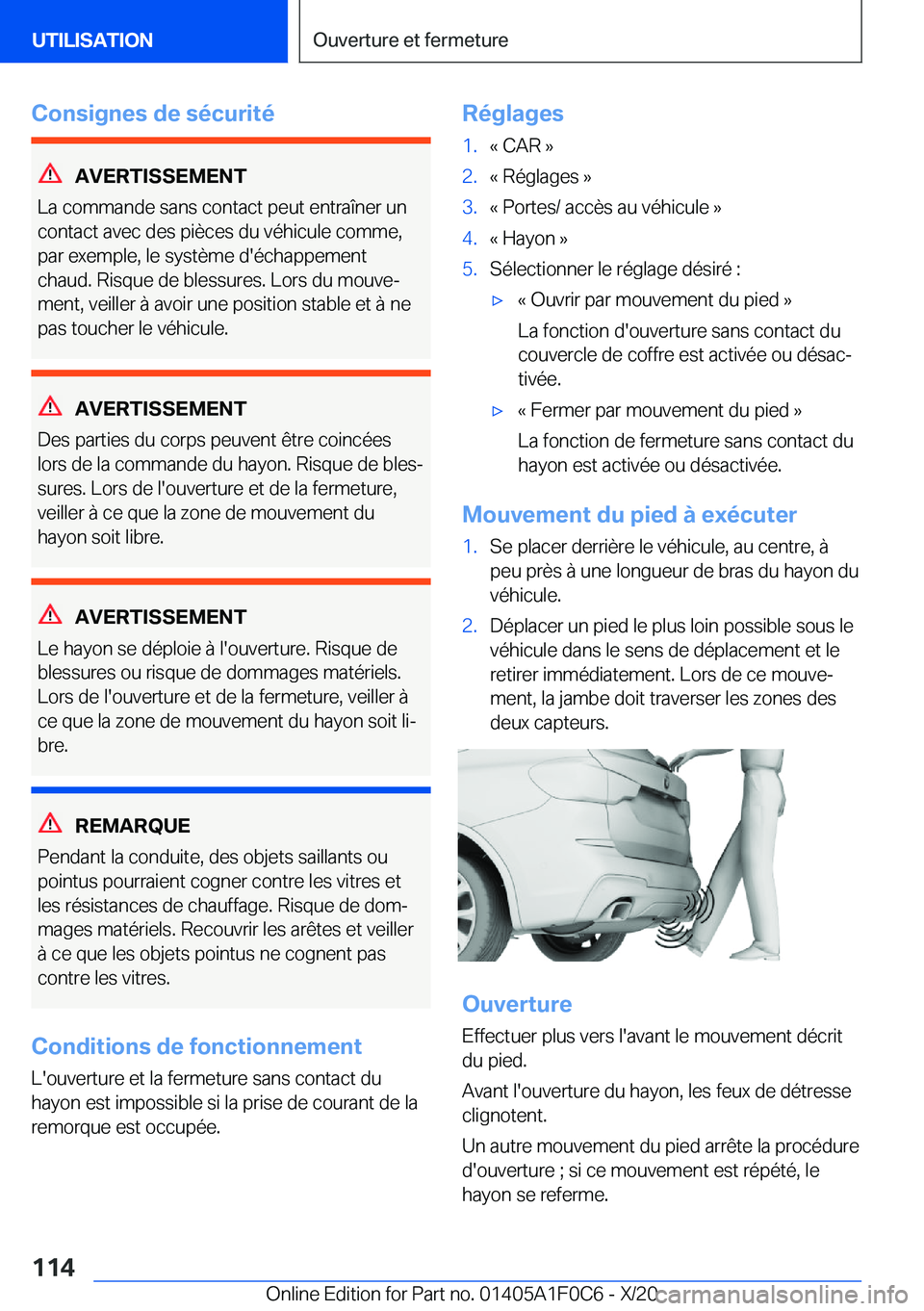 BMW X6 2021  Notices Demploi (in French) �C�o�n�s�i�g�n�e�s��d�e��s�é�c�u�r�i�t�é
�A�V�E�R�T�I�S�S�E�M�E�N�T
�L�a��c�o�m�m�a�n�d�e��s�a�n�s��c�o�n�t�a�c�t��p�e�u�t��e�n�t�r�a�