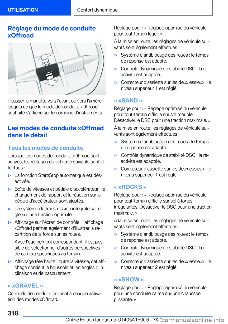 BMW X6 2021  Notices Demploi (in French) �R�é�g�l�a�g�e��d�u��m�o�d�e��d�e��c�o�n�d�u�i�t�e
�x�O�f�f�r�o�a�d
�P�o�u�s�s�e�r��l�a��m�a�n�e�t�t�e��v�e�r�s��l�'�a�v�a�n�t��o�u��v�e�r�s��l�'�a�r�r�i�è�r�e �j�u�s�q�u�'�