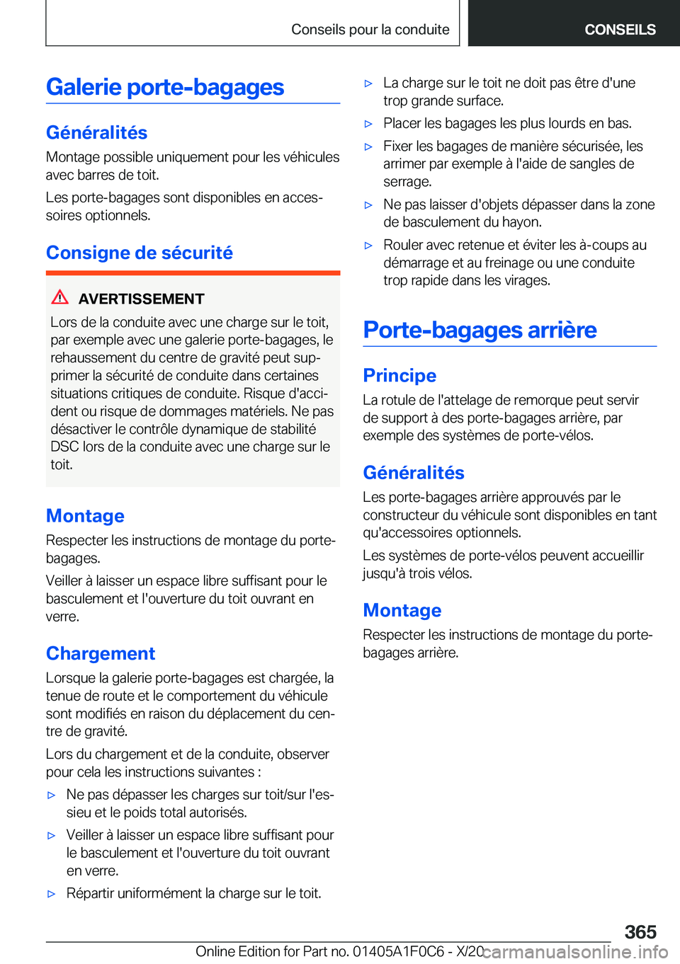 BMW X6 2021  Notices Demploi (in French) �G�a�l�e�r�i�e��p�o�r�t�e�-�b�a�g�a�g�e�s
�G�é�n�é�r�a�l�i�t�é�s
�M�o�n�t�a�g�e��p�o�s�s�i�b�l�e��u�n�i�q�u�e�m�e�n�t��p�o�u�r��l�e�s��v�é�h�i�c�u�l�e�s
�a�v�e�c��b�a�r�r�e�s��d�e��t�o�i�
