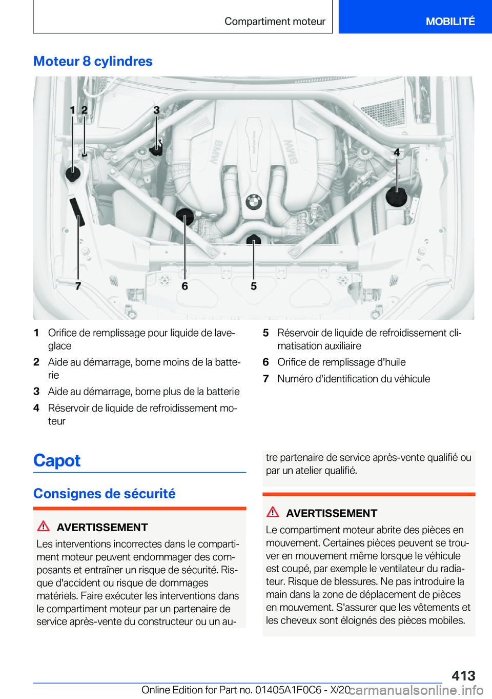 BMW X6 2021  Notices Demploi (in French) �M�o�t�e�u�r��8��c�y�l�i�n�d�r�e�s�1�O�r�i�f�i�c�e��d�e��r�e�m�p�l�i�s�s�a�g�e��p�o�u�r��l�i�q�u�i�d�e��d�e��l�a�v�e�-
�g�l�a�c�e�2�A�i�d�e��a�u��d�é�m�a�r�r�a�g�e�,��b�o�r�n�e��m�o�i�n�s