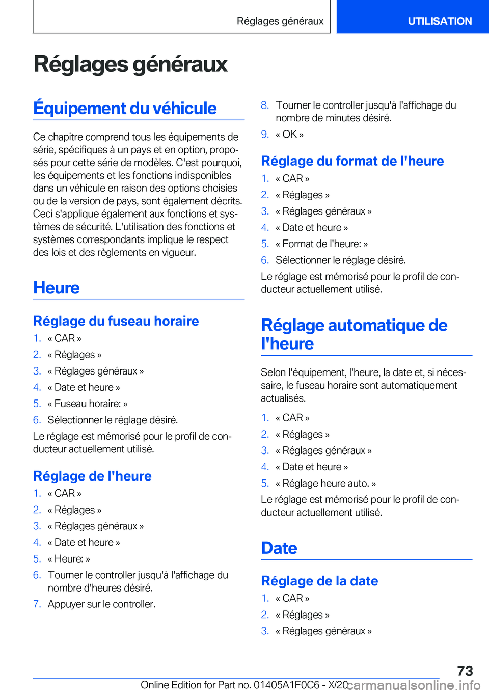 BMW X6 2021  Notices Demploi (in French) �R�é�g�l�a�g�e�s��g�é�n�é�r�a�u�x�