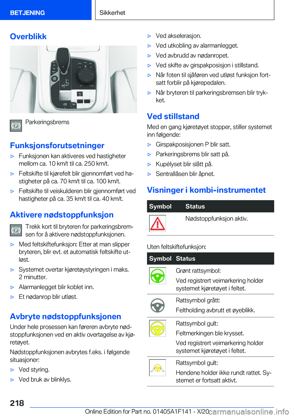 BMW X6 2021  InstruksjonsbØker (in Norwegian) �O�v�e�r�b�l�i�k�k
�P�a�r�k�e�r�i�n�g�s�b�r�e�m�s
�F�u�n�k�s�j�o�n�s�f�o�r�u�t�s�e�t�n�i�n�g�e�r
x�F�u�n�k�s�j�o�n�e�n��k�a�n��a�k�t�i�v�e�r�e�s��v�e�d��h�a�s�t�i�g�h�e�t�e�r �m�e�l�l�o�m��c�a�.