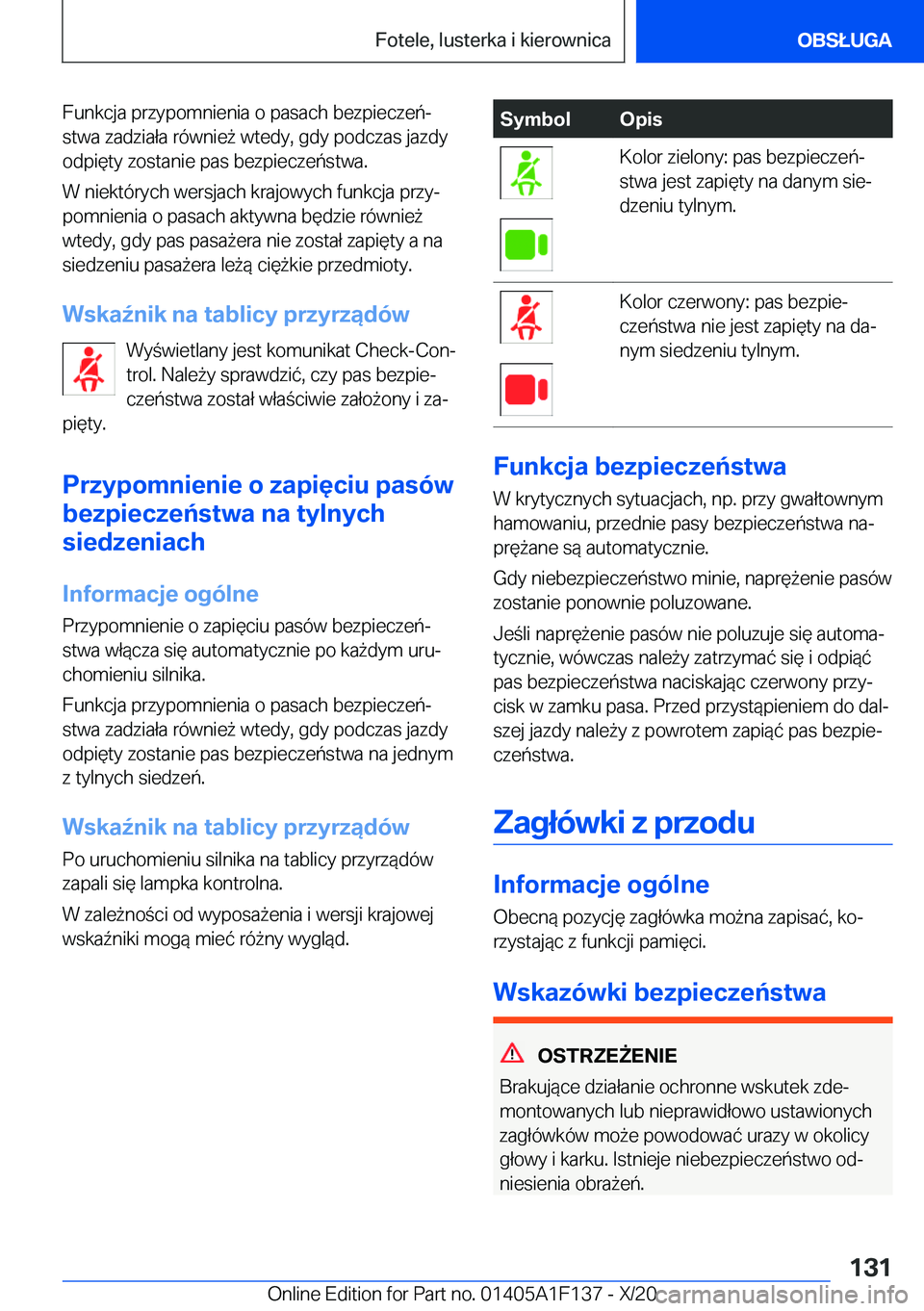 BMW X6 2021  Instrukcja obsługi (in Polish) �F�u�n�k�c�j�a��p�r�z�y�p�o�m�n�i�e�n�i�a��o��p�a�s�a�c�h��b�e�z�p�i�e�c�z�e�