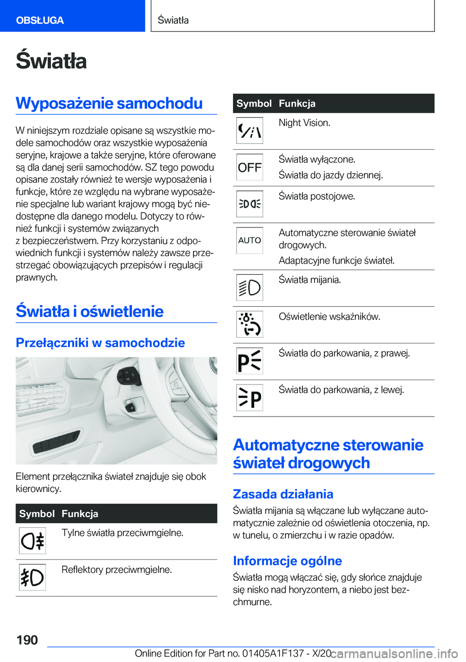 BMW X6 2021  Instrukcja obsługi (in Polish) �w�i�a�t�ł�a�W�y�p�o�s�a9�e�n�i�e��s�a�m�o�c�h�o�d�u
�W��n�i�n�i�e�j�s�z�y�m��r�o�z�d�z�i�a�l�e��o�p�i�s�a�n�e��s�