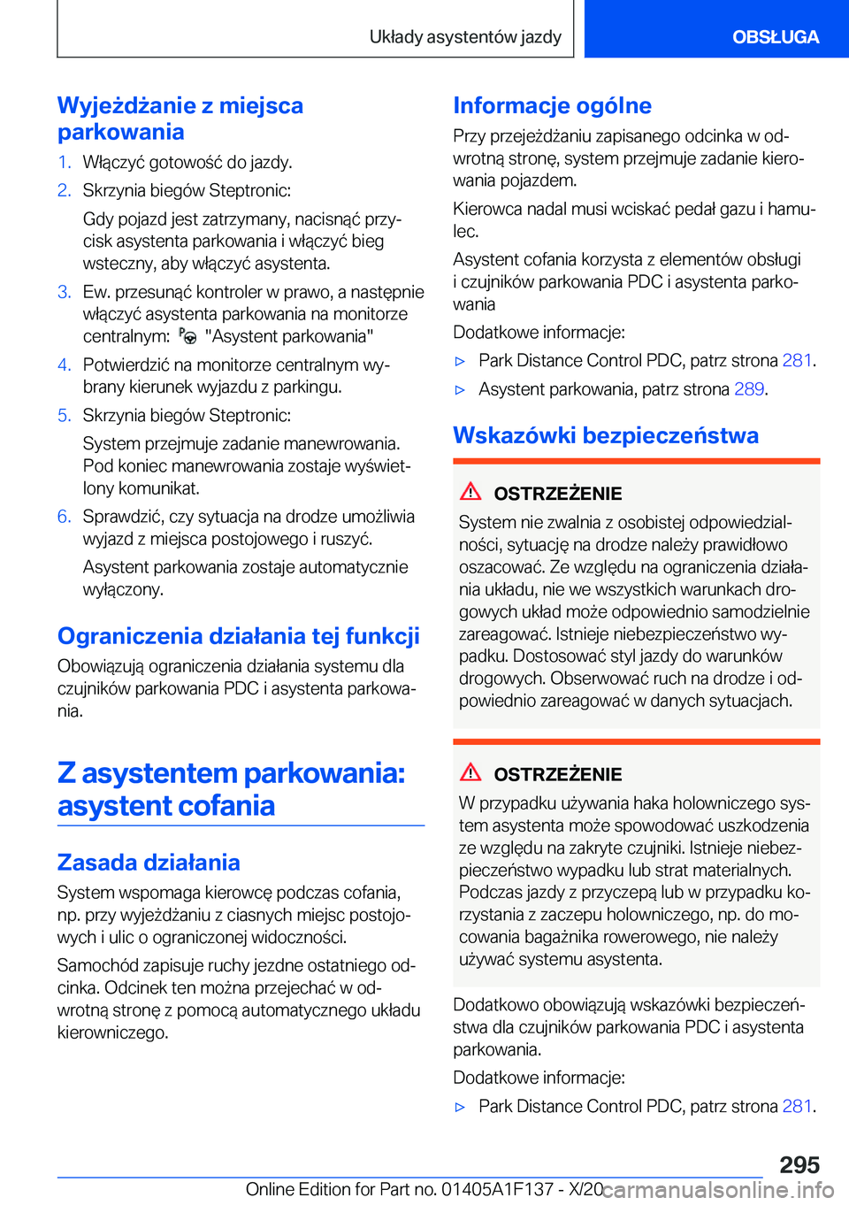 BMW X6 2021  Instrukcja obsługi (in Polish) �W�y�j�e9�d9�a�n�i�e��z��m�i�e�j�s�c�a
�p�a�r�k�o�w�a�n�i�a�1�.�W�ł�