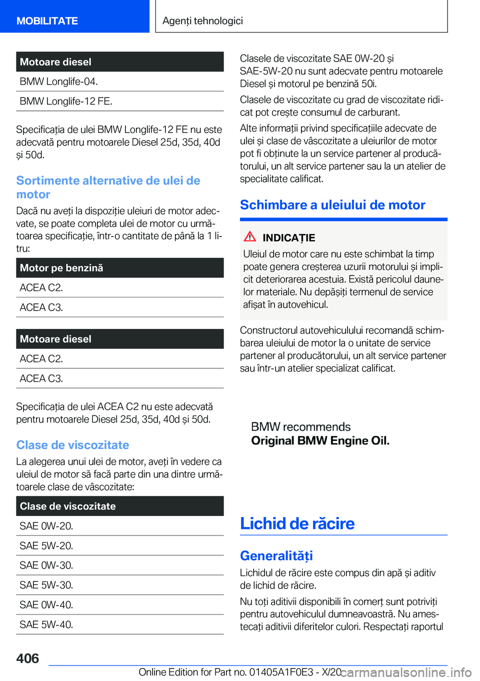 BMW X6 2021  Ghiduri De Utilizare (in Romanian) �M�o�t�o�a�r�e��d�i�e�s�e�l�B�M�W��L�o�n�g�l�i�f�e�-�0�4�.�B�M�W��L�o�n�g�l�i�f�e�-�1�2��F�E�.
�S�p�e�c�i�f�i�c�a*�i�a��d�e��u�l�e�i��B�M�W��L�o�n�g�l�i�f�e�-�1�2��F�E��n�u��e�s�t�e�a�d�e�