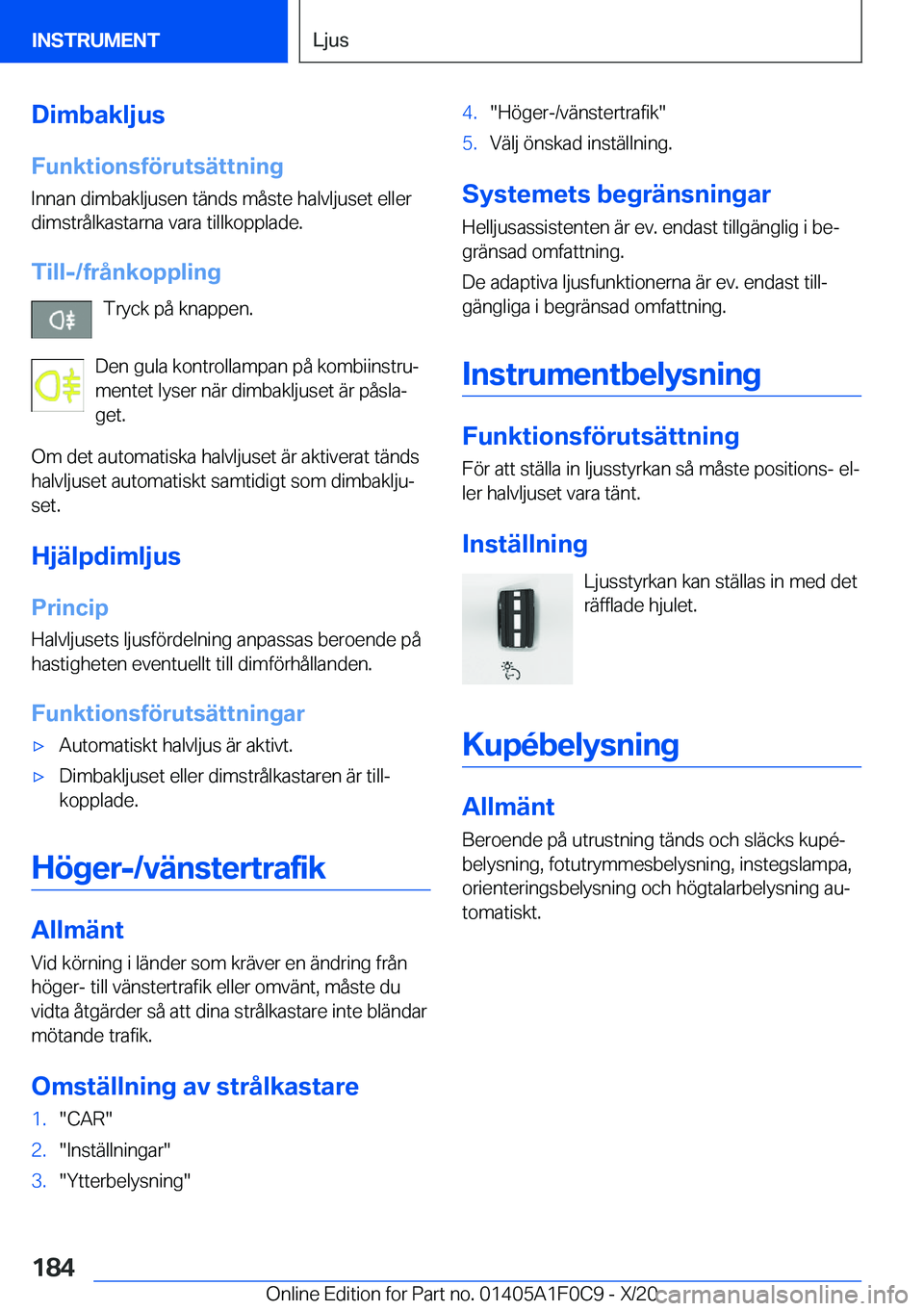 BMW X6 2021  InstruktionsbÖcker (in Swedish) �D�i�m�b�a�k�l�j�u�s�F�u�n�k�t�i�o�n�s�f�