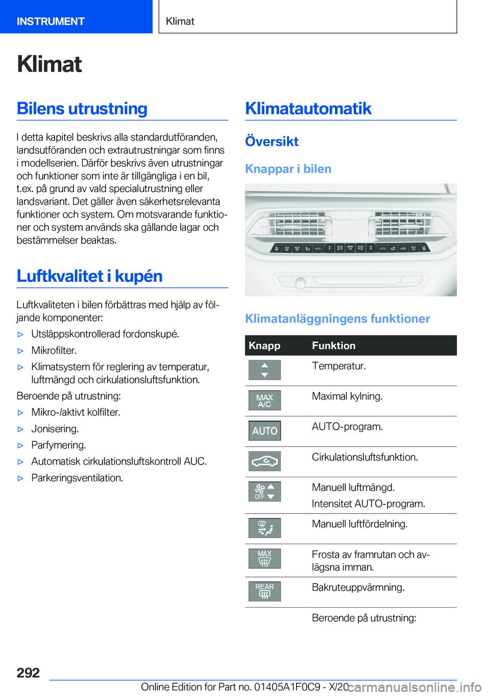BMW X6 2021  InstruktionsbÖcker (in Swedish) �K�l�i�m�a�t�B�i�l�e�n�s��u�t�r�u�s�t�n�i�n�g
�I��d�e�t�t�a��k�a�p�i�t�e�l��b�e�s�k�r�i�v�s��a�l�l�a��s�t�a�n�d�a�r�d�u�t�f�