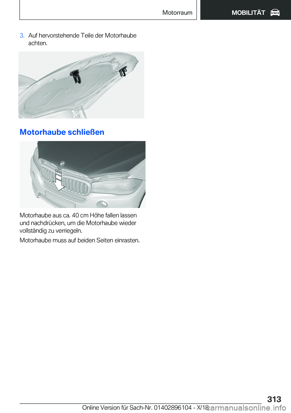 BMW X6 2019  Betriebsanleitungen (in German) �3�.�A�u�f��h�e�r�v�o�r�s�t�e�h�e�n�d�e��T�e�i�l�e��d�e�r��M�o�t�o�r�h�a�u�b�e
�a�c�h�t�e�n�.
�M�o�t�o�r�h�a�u�b�e��s�c�h�l�i�e�
