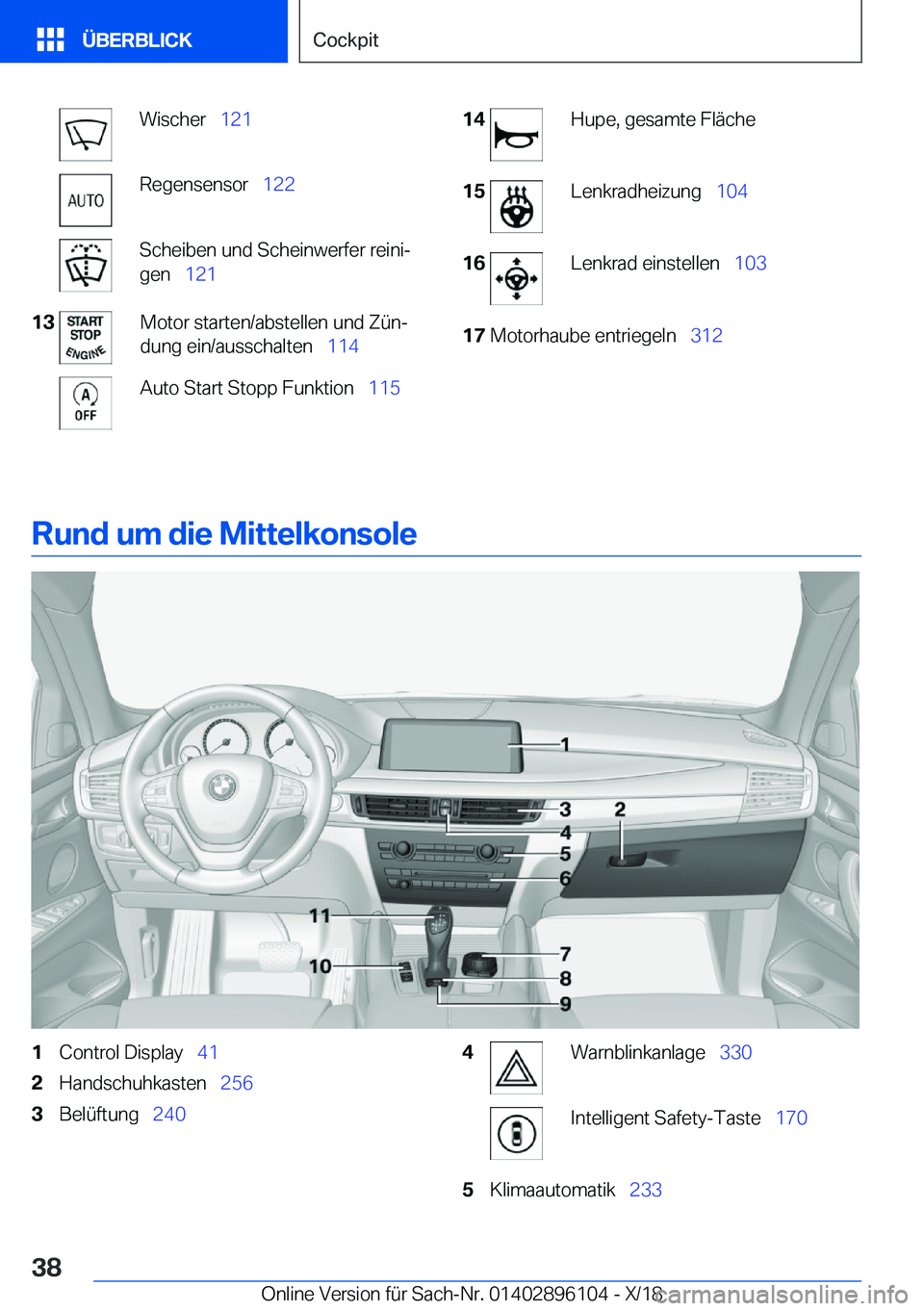 BMW X6 2019  Betriebsanleitungen (in German) �W�i�s�c�h�e�r\_�1�2�1�R�e�g�e�n�s�e�n�s�o�r\_ �1�2�2�S�c�h�e�i�b�e�n��u�n�d��S�c�h�e�i�n�w�e�r�f�e�r��r�e�i�n�ij
�g�e�n\_ �1�2�1�1�3�M�o�t�o�r��s�t�a�r�t�e�n�/�a�b�s�t�e�l�l�e�n��u�n�d��