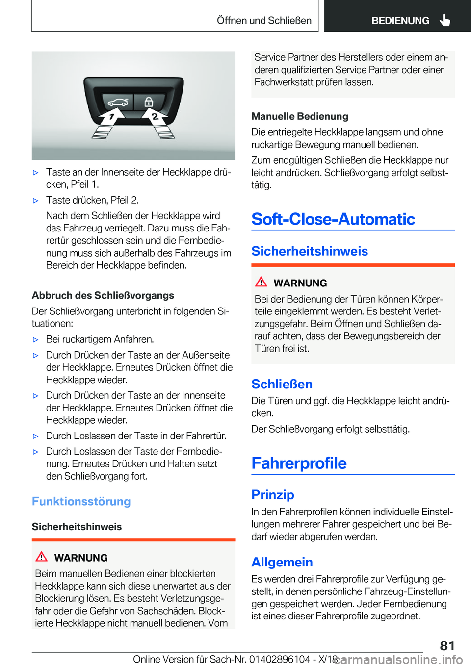 BMW X6 2019  Betriebsanleitungen (in German) x�T�a�s�t�e��a�n��d�e�r��I�n�n�e�n�s�e�i�t�e��d�e�r��H�e�c�k�k�l�a�p�p�e��d�r�