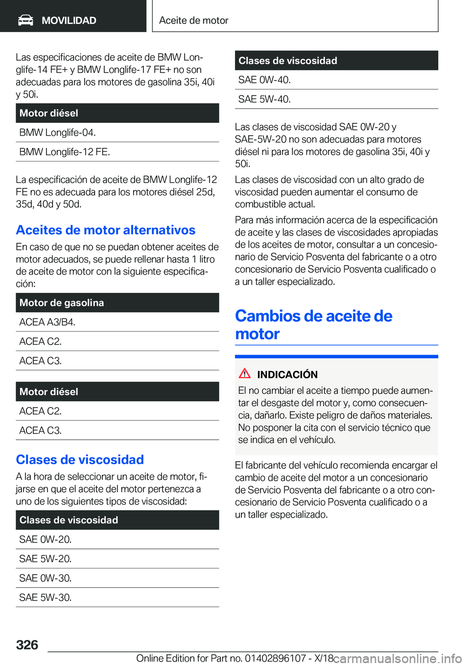 BMW X6 2019  Manuales de Empleo (in Spanish) �L�a�s��e�s�p�e�c�i�f�i�c�a�c�i�o�n�e�s��d�e��a�c�e�i�t�e��d�e��B�M�W��L�o�nª�g�l�i�f�e�-�1�4��F�E�+��y��B�M�W��L�o�n�g�l�i�f�e�-�1�7��F�E�+��n�o��s�o�n
�a�d�e�c�u�a�d�a�s��p�a�r�a��l