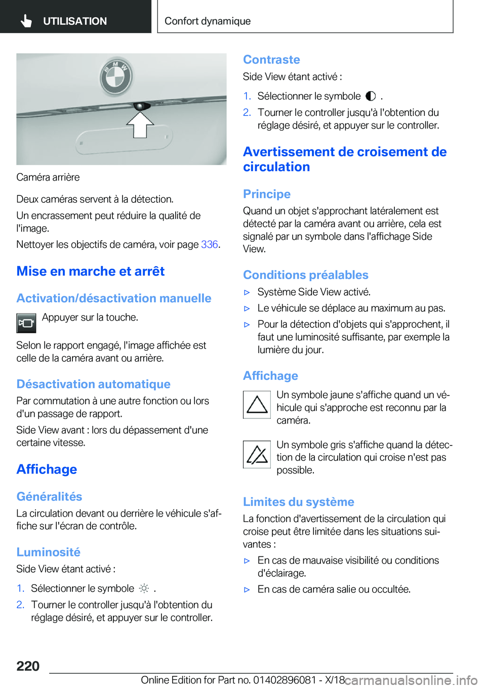 BMW X6 2019  Notices Demploi (in French) �C�a�m�é�r�a��a�r�r�i�è�r�e
�D�e�u�x��c�a�m�é�r�a�s��s�e�r�v�e�n�t��