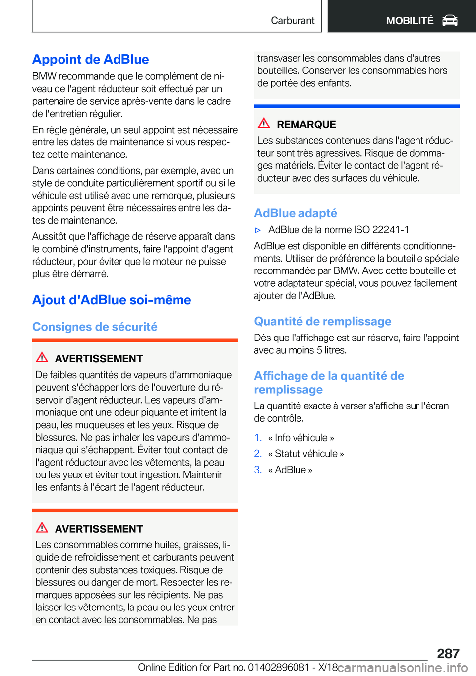 BMW X6 2019  Notices Demploi (in French) �A�p�p�o�i�n�t��d�e��A�d�B�l�u�e�B�M�W��r�e�c�o�m�m�a�n�d�e��q�u�e��l�e��c�o�m�p�l�é�m�e�n�t��d�e��n�ij�v�e�a�u��d�e��l�'�a�g�e�n�t��r�é�d�u�c�t�e�u�r��s�o�i�t��e�f�f�e�c�t�u�é��