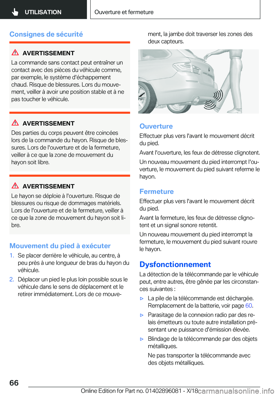 BMW X6 2019  Notices Demploi (in French) �C�o�n�s�i�g�n�e�s��d�e��s�é�c�u�r�i�t�é
�A�V�E�R�T�I�S�S�E�M�E�N�T
�L�a��c�o�m�m�a�n�d�e��s�a�n�s��c�o�n�t�a�c�t��p�e�u�t��e�n�t�r�a�î�n�e�r��u�n
�c�o�n�t�a�c�t��a�v�e�c��d�e�s��p�i�è�