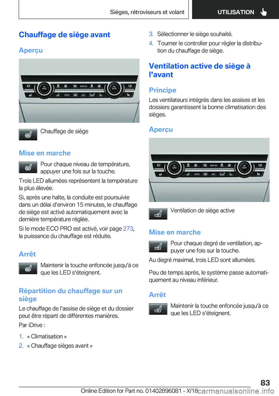 BMW X6 2019  Notices Demploi (in French) �C�h�a�u�f�f�a�g�e��d�e��s�i�è�g�e��a�v�a�n�t�A�p�e�r�ç�u
�C�h�a�u�f�f�a�g�e��d�e��s�i�è�g�e
�M�i�s�e��e�n��m�a�r�c�h�e �P�o�u�r��c�h�a�q�u�e��n�i�v�e�a�u��d�e��t�e�m�p�é�r�a�t�u�r�e�,
