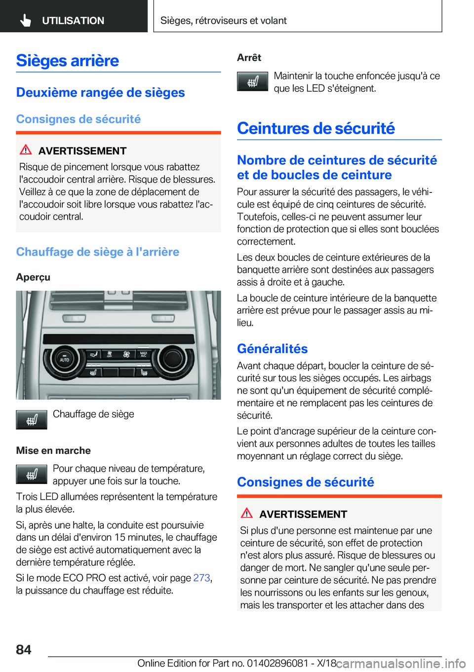 BMW X6 2019  Notices Demploi (in French) �S�i�è�g�e�s��a�r�r�i�è�r�e
�D�e�u�x�i�è�m�e��r�a�n�g�é�e��d�e��s�i�è�g�e�s�C�o�n�s�i�g�n�e�s��d�e��s�é�c�u�r�i�t�é
�A�V�E�R�T�I�S�S�E�M�E�N�T
�R�i�s�q�u�e��d�e��p�i�n�c�e�m�e�n�t��l�o